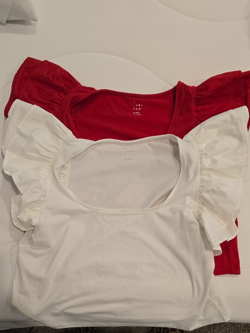 a new day Ruffle Sleeve Scoop Neck Tees - White and Red